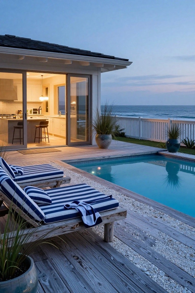 23 Gorgeous Backyard Swimming Pool Ideas For Everyday Relaxation Wooden deck beside a turquoise rectangular pool with two blue-and-white striped lounge chairs positioned at the edge, potted grasses nearby, open glass doors to a modern kitchen in the white house exterior, white picket fence, and ocean view at dusk.