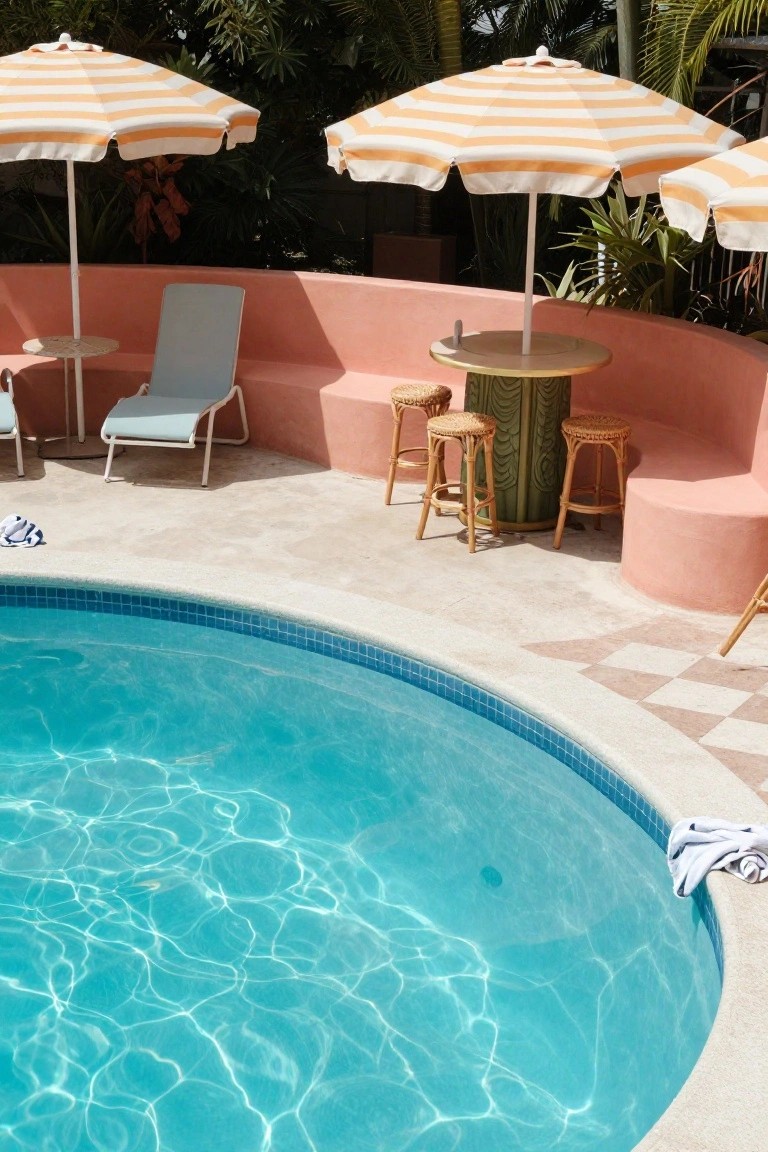 23 Gorgeous Backyard Swimming Pool Ideas For Everyday Relaxation Curved pink wall forming bench seating and bar area with rattan stools around a green drum table beside a turquoise pool, orange-striped umbrellas, blue lounge chairs, and tropical plants in the background.
