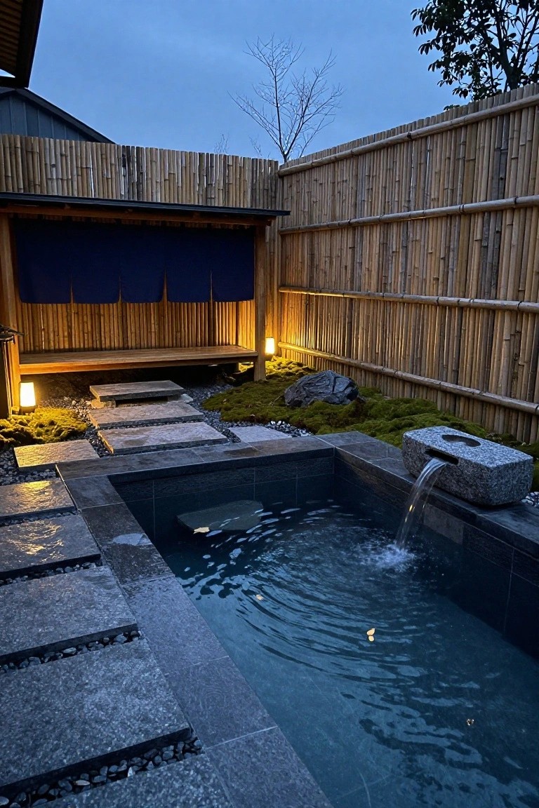23 Gorgeous Backyard Swimming Pool Ideas For Everyday Relaxation Small rectangular dark stone pool with stone waterfall in a bamboo-fenced Japanese garden courtyard featuring lanterns, stepping stones, moss, and rocks at dusk.