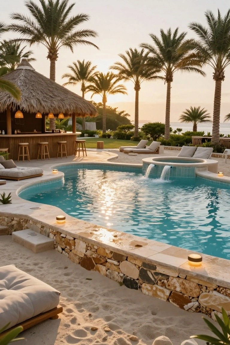 23 Gorgeous Backyard Swimming Pool Ideas For Everyday Relaxation Curved turquoise pool with spa waterfall, adjacent thatched bar on stools, lounge chairs on sand, stone retaining wall, palm trees, and ocean view at sunset.