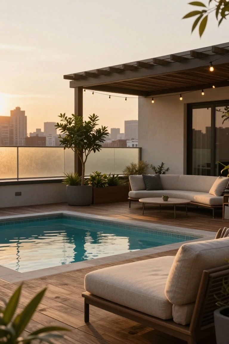 23 Gorgeous Backyard Swimming Pool Ideas For Everyday Relaxation Rooftop terrace with a small rectangular turquoise pool edged in tile, adjacent wooden deck with beige lounge chairs and sofa, potted plants, pergola with string lights, glass railing, and city buildings at sunset.