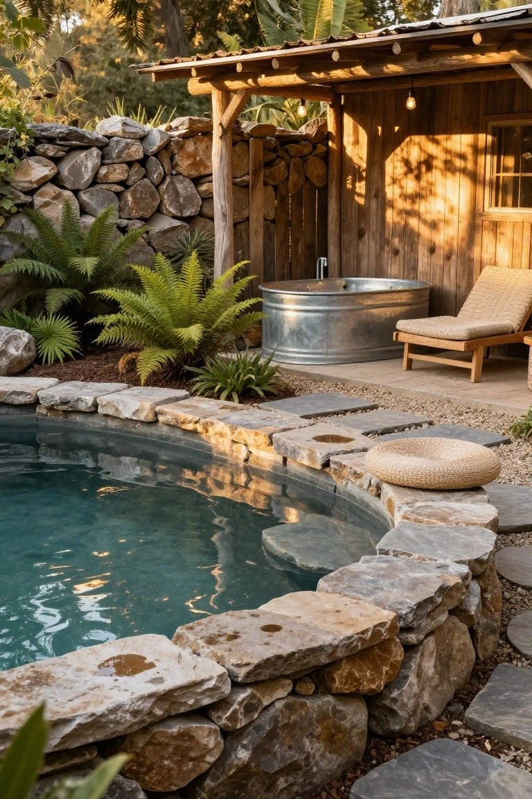 23 Gorgeous Backyard Swimming Pool Ideas For Everyday Relaxation Curved turquoise pool with natural stone edging next to a large galvanized metal hot tub under a rustic wooden shelter, surrounded by ferns, rocks, and a lounge chair.