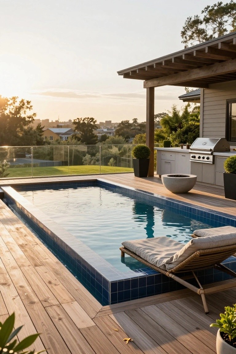 23 Gorgeous Backyard Swimming Pool Ideas For Everyday Relaxation Elevated rectangular swimming pool with blue tile edges integrated into a wooden deck, lounge chair at poolside, nearby outdoor kitchen with grill, concrete fire pit, potted plants, and sunset view over greenery.