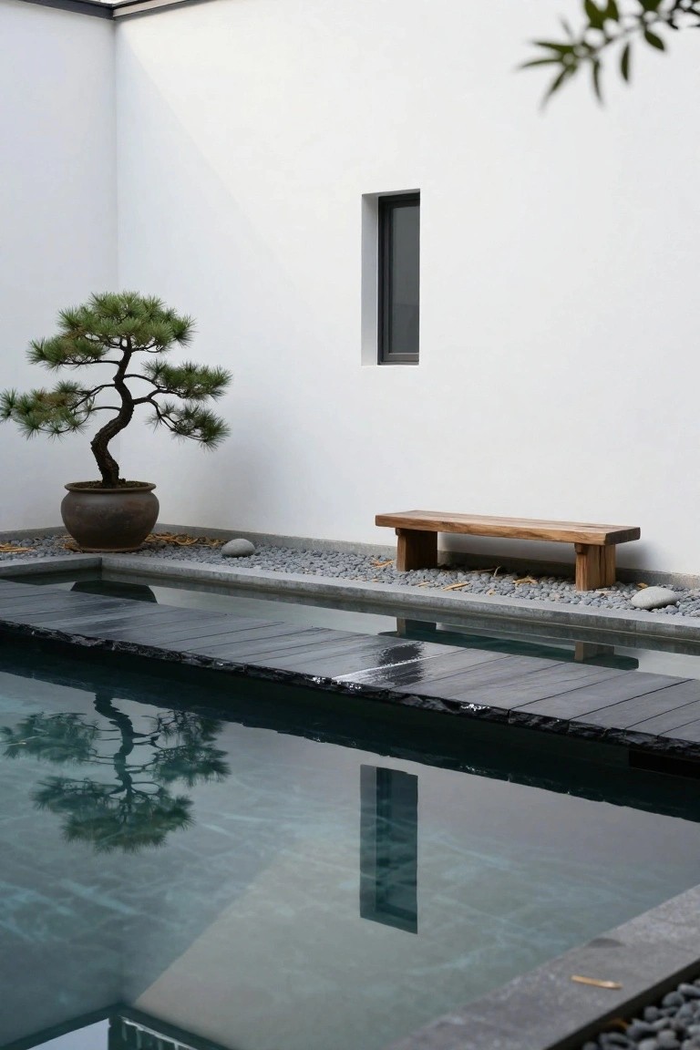 23 Gorgeous Backyard Swimming Pool Ideas For Everyday Relaxation Narrow rectangular reflecting pool with black wood decking beside a white modern wall, wooden bench on gravel ground, potted bonsai pine tree, and scattered rocks.