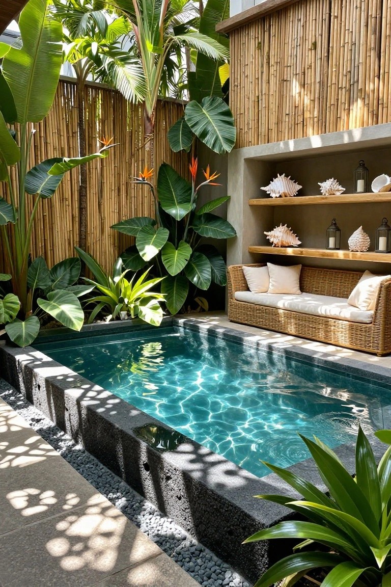 A small rectangular inground pool with clear turquoise water, bordered by black stone edges, surrounded by bamboo fencing, tropical plants, seashells on shelves, and a beige rattan sofa with white cushions on a concrete terrace.