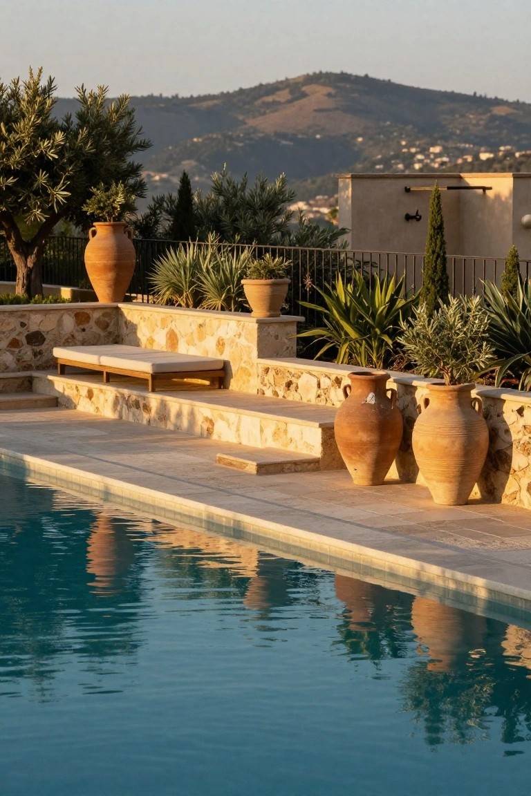 Inground pool edged in beige stone with several large terracotta pots placed along it, stone walls with steps and a cushioned daybed nearby, olive trees and agave plants, and distant hills at dusk.