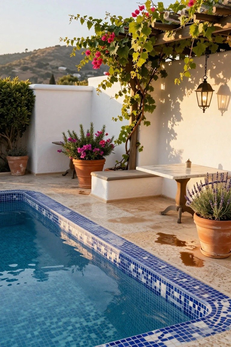 Inground pool with blue mosaic tile edging next to a vine-covered wooden pergola, terracotta pots of lavender and pink flowers, a small marble-topped table on a bench, white walls, and potted shrubs.