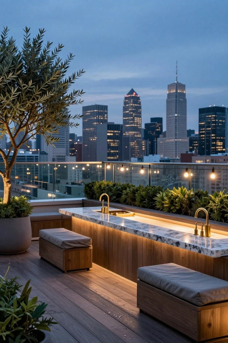 Rooftop deck with linear wooden bar counter featuring white marble top, gold faucets and sink, cushioned benches, potted plants and olive tree, string lights along glass railing, and city skyline at dusk.