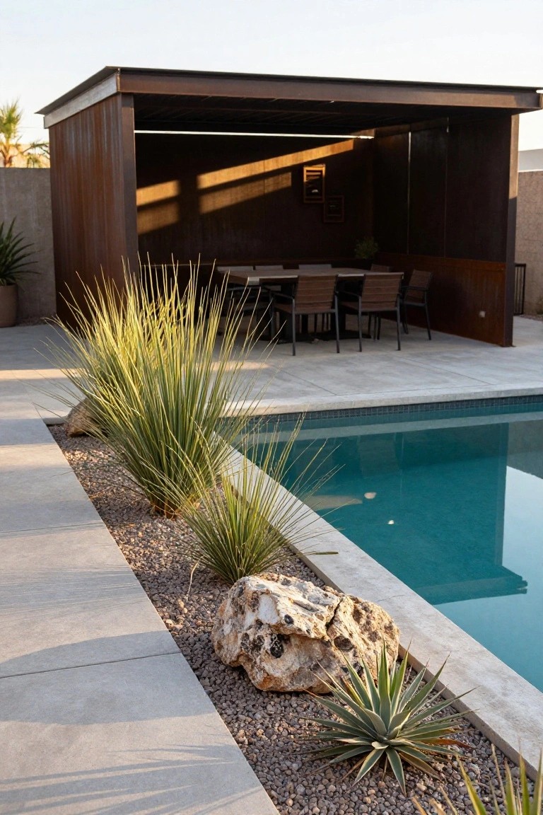 Inground pool edged with gravel beds containing ornamental grasses, agaves, and large rocks, adjacent to a covered outdoor dining pavilion with a wooden table and chairs.