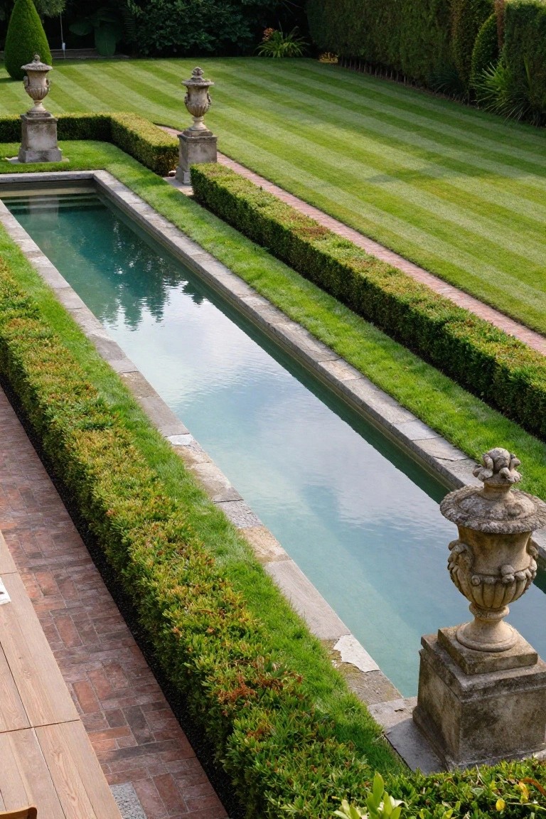 Overhead view of a long rectangular inground pool bordered by low boxwood hedges on stone edging, with striped grass lawns, brick paths, and stone urns at the ends in a formal garden.