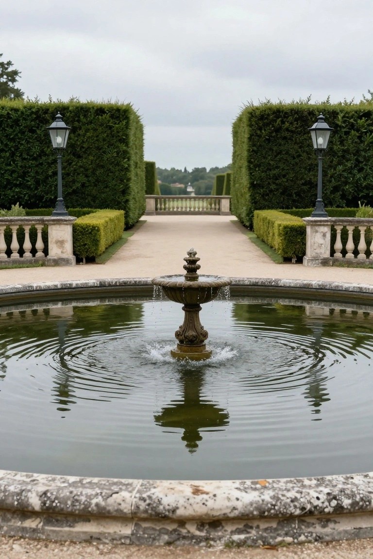 Symmetrical tall green hedges flanking a gravel path with stone lanterns on pedestals and a central circular stone fountain in the foreground, leading to a distant building.