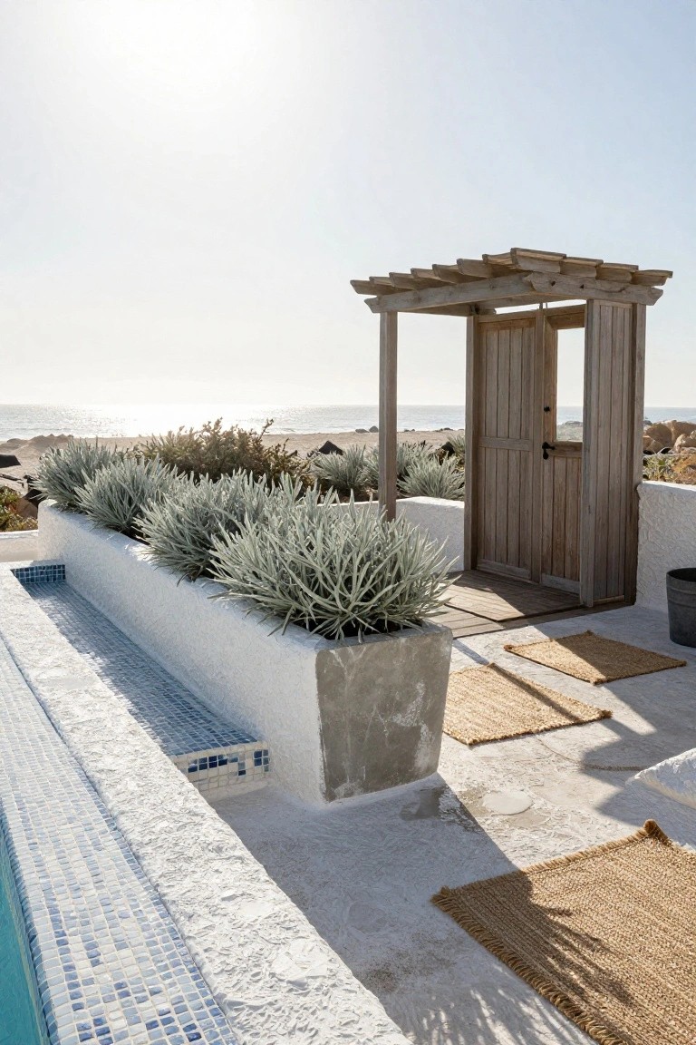 Inground pool with blue mosaic tiled edge and adjacent long white raised planters filled with silvery-leafed shrubs, wooden pergola doorway structure, seagrass rugs on terrace floor, ocean and beach in background.