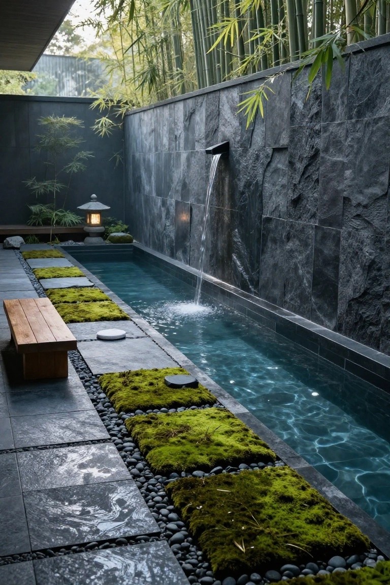 Narrow rectangular inground pool edged with square moss-covered platforms and gravel paths, featuring a stone waterfall wall, bamboo screening, wooden bench, stone lantern, and plants in a walled outdoor courtyard.