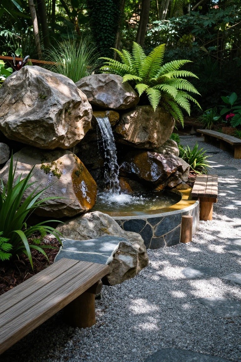 Large stacked boulders forming a waterfall into a circular stone basin in a garden, surrounded by ferns, grasses, wooden benches, and gravel paths.