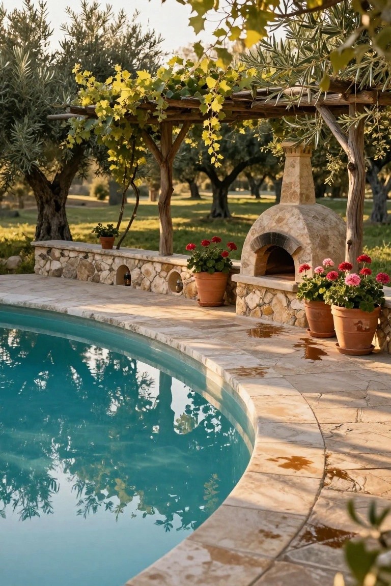 Curved turquoise inground pool edged by beige stone tiles, with a built-in arched stone wood-fired oven on a low wall, surrounded by terracotta pots of red geraniums, a wooden pergola draped in yellow vines, and olive trees in the background.