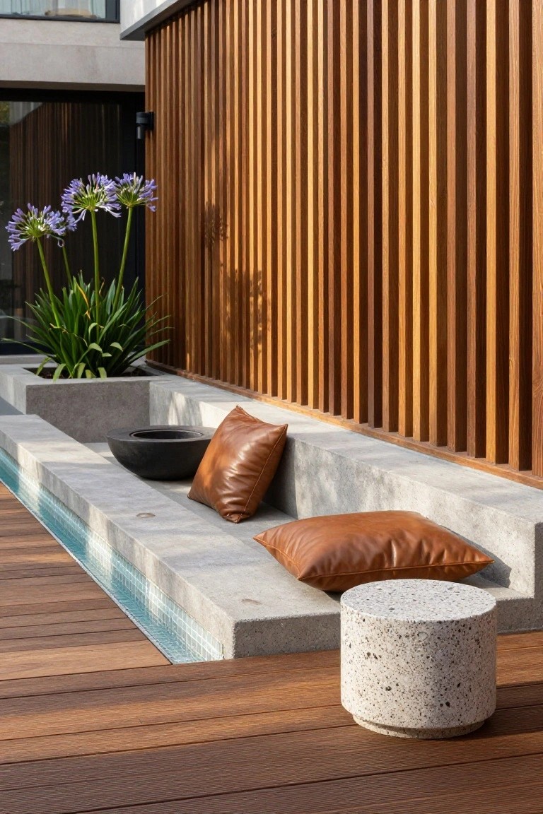 Narrow inground pool with adjacent concrete bench seating holding leather cushions and a black fire bowl, concrete planter with agave plants, wood slat wall, and wood decking in a modern outdoor space.