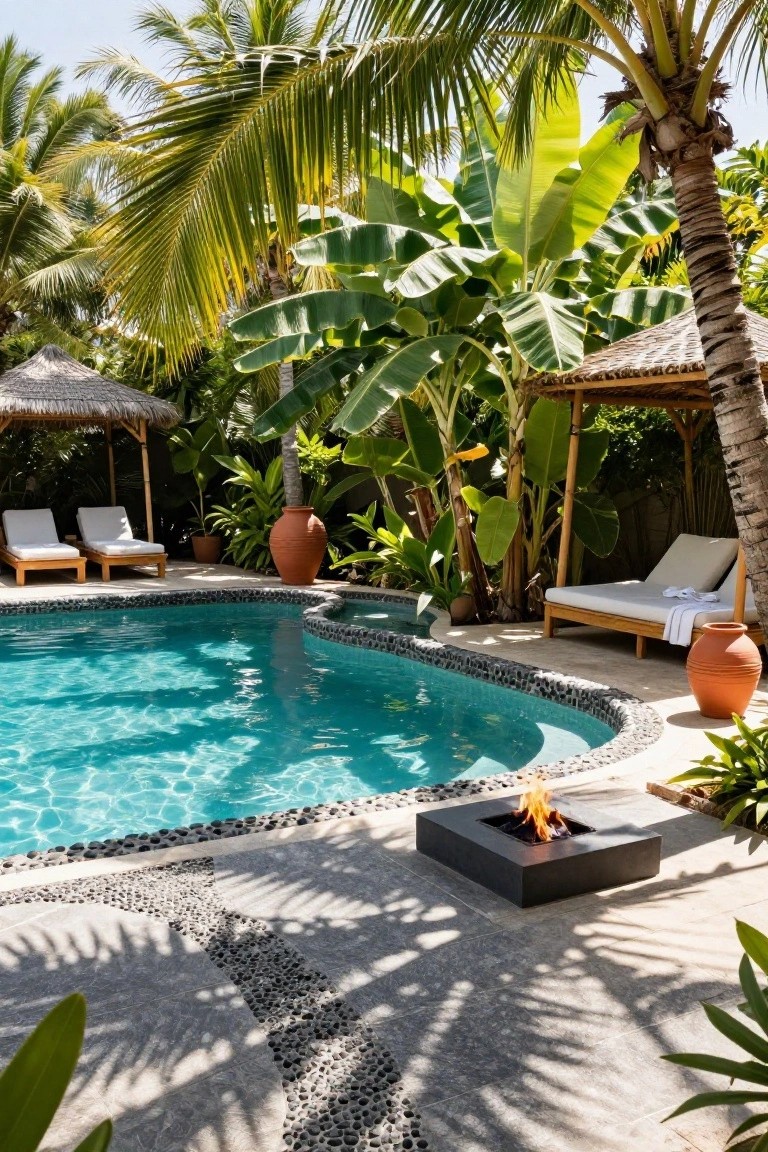 Curved inground pool with turquoise water and black pebble edging surrounded by tropical palms and banana plants, thatched cabanas with white loungers, terracotta pots, and a square black fire pit on the stone deck.