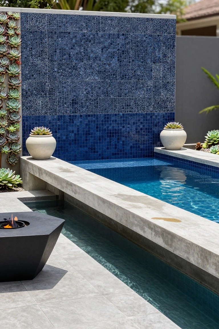 Inground pool with blue mosaic tiled wall accented by succulents and potted plants on concrete edging, adjacent black hexagonal fire pit with lit flames on grey tiled patio.