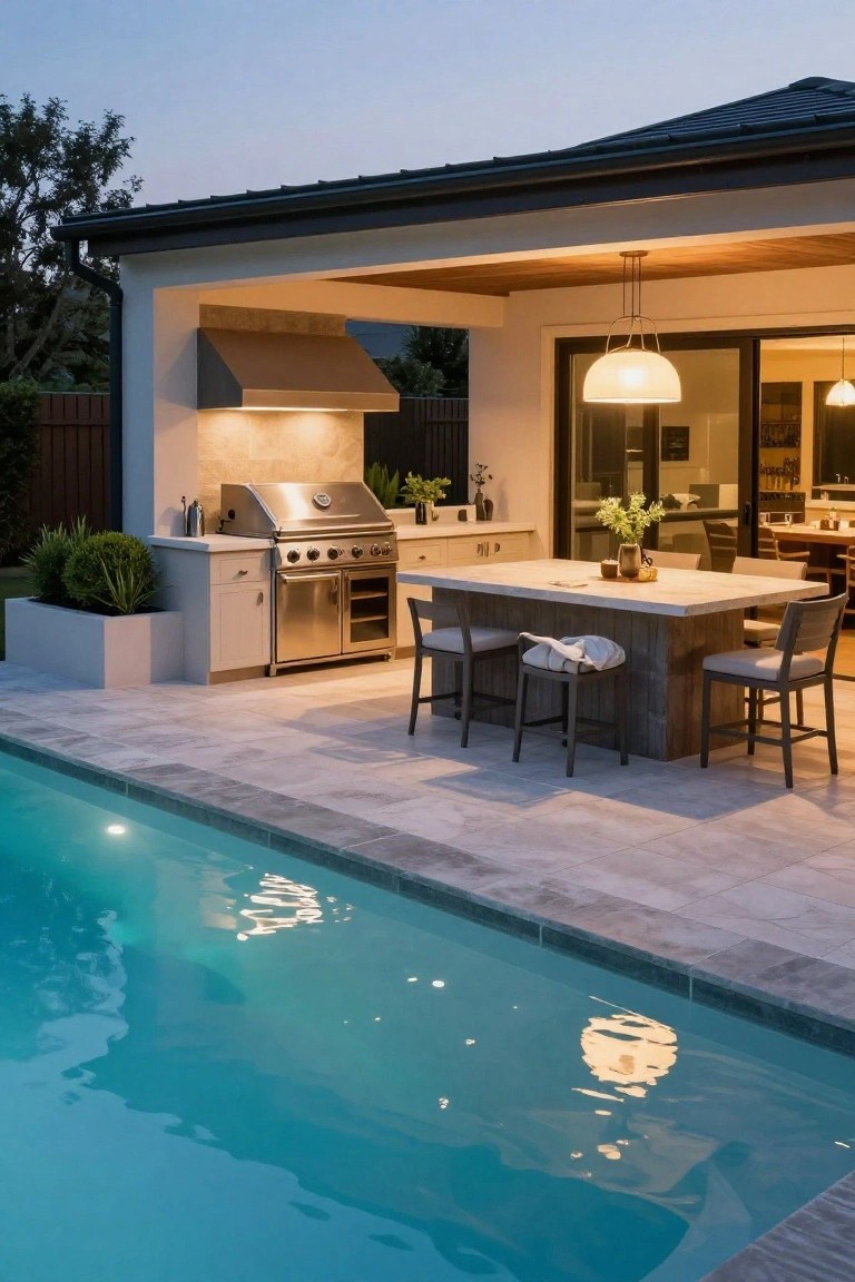 Modern covered outdoor kitchen with stainless steel grill, white cabinets, stone island table, and bar stools on travertine patio next to glowing inground pool at dusk.