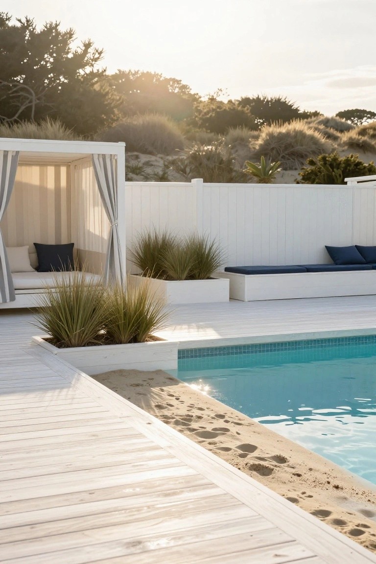 Whitewashed wooden deck with potted grasses adjacent to a turquoise inground pool, sand spilling onto the deck edge near the water, and a white cabana with blue cushions and sheer curtains in the background.