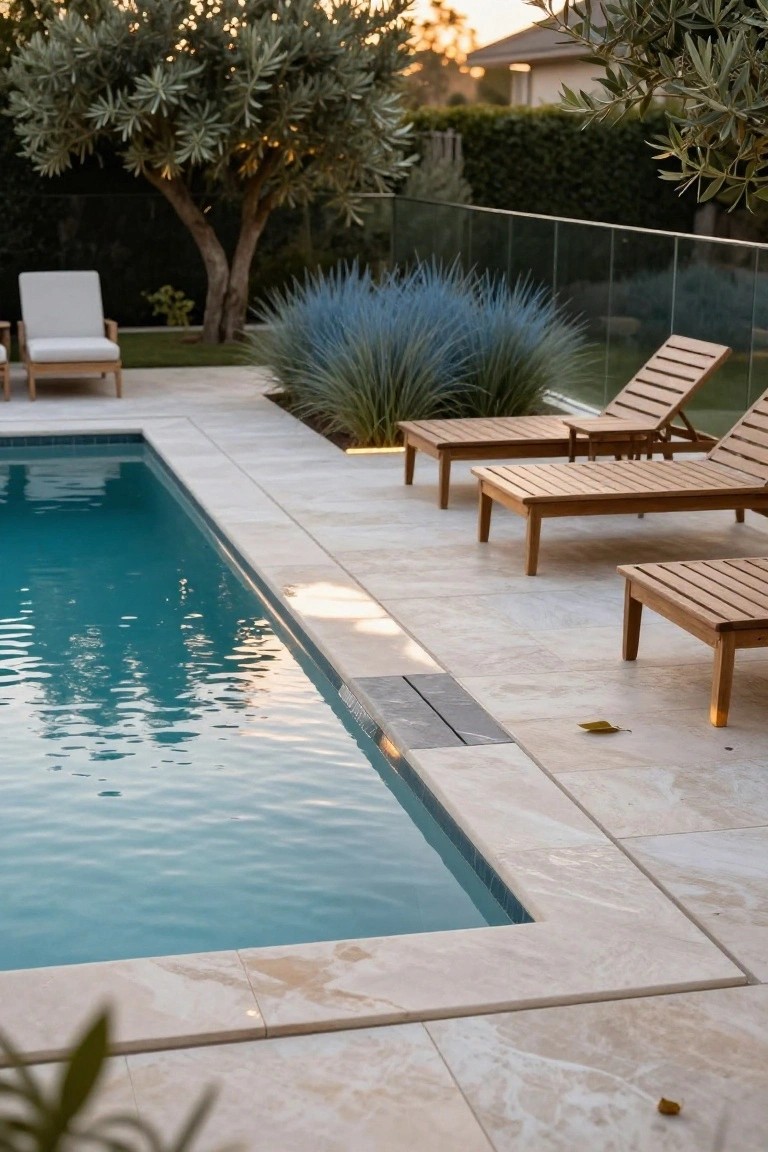 Modern backyard with rectangular pool, wooden lounge chairs, and blue ornamental grass.