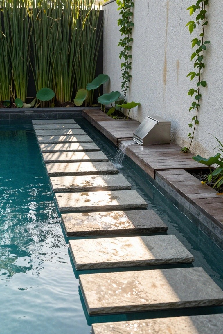 Turquoise inground pool with large rectangular gray stone slabs placed across the water surface as stepping stones, bordered by wooden decking, tall green reeds, lily pads, climbing vines on a white wall, and a stainless steel waterfall box.