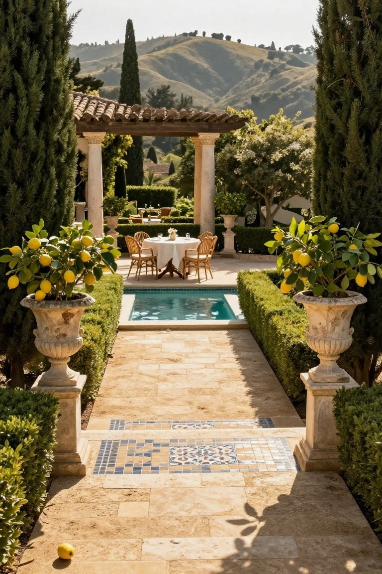 Elegant garden terrace with lemon trees, pool, and Tuscan hills.
