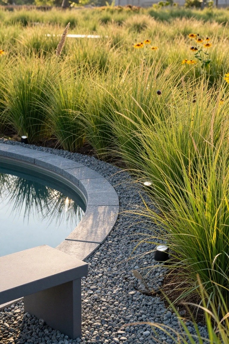 Curved inground pool with gray stone coping edged by gravel, tall green ornamental grasses, path lights, and a concrete bench.