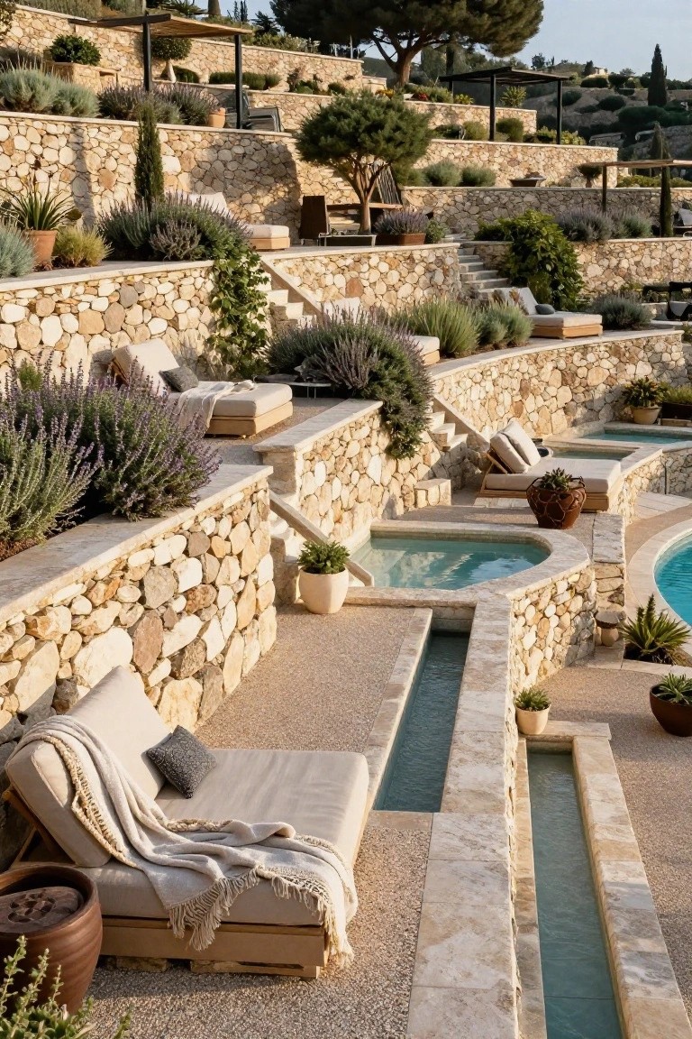 Multi-level terraced landscape of dry-stack stone walls with embedded hot tubs, daybeds with cushions and throws, potted plants, lavender shrubs, water channels, and an inground pool at the base.