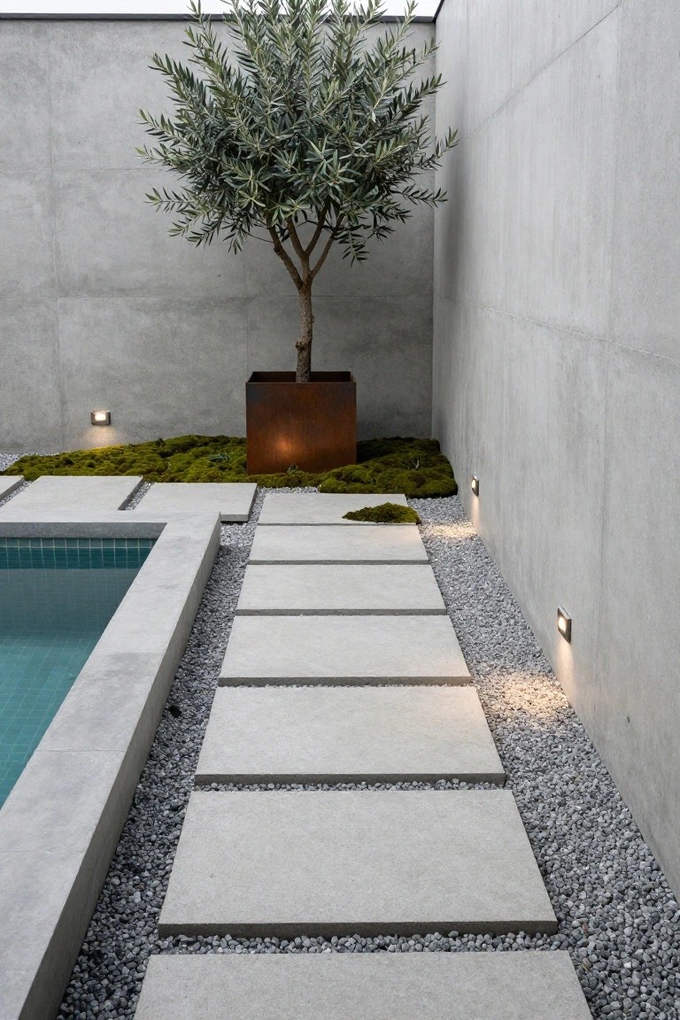 Gray concrete walls enclose an inground pool with turquoise water, a path of wide rectangular white concrete stepping stones set in white gravel, patches of green moss, a large potted olive tree in a rust metal container, and wall-mounted lights.