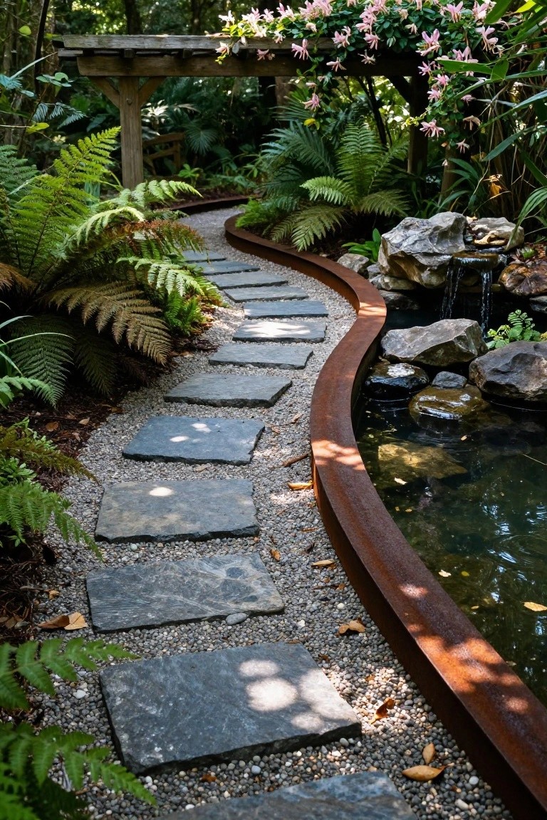 A curved path of irregular dark stone stepping stones winds through gravel alongside a rusted metal-edged pond with rocks and flowing water, surrounded by dense ferns and tropical plants under a wooden pergola.