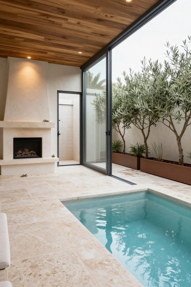 Interior view of a small turquoise plunge pool inset into beige travertine flooring, adjacent to a beige stone fireplace with gas logs burning, a glass shower enclosure, and sliding glass doors opening to potted olive trees and plants outdoors.