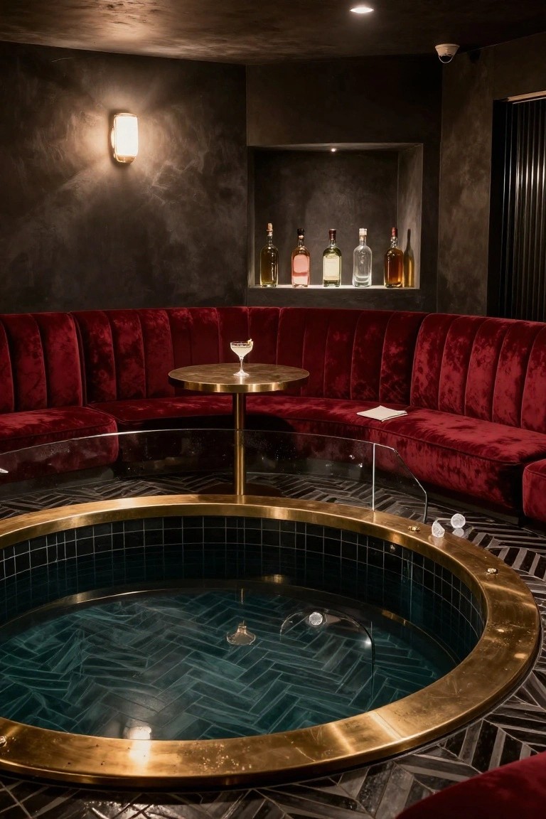 Indoor lounge with circular green mosaic-tiled hot tub centered under curved red velvet bench seating, a small round gold table on glass above the water, and a backlit shelf of liquor bottles.