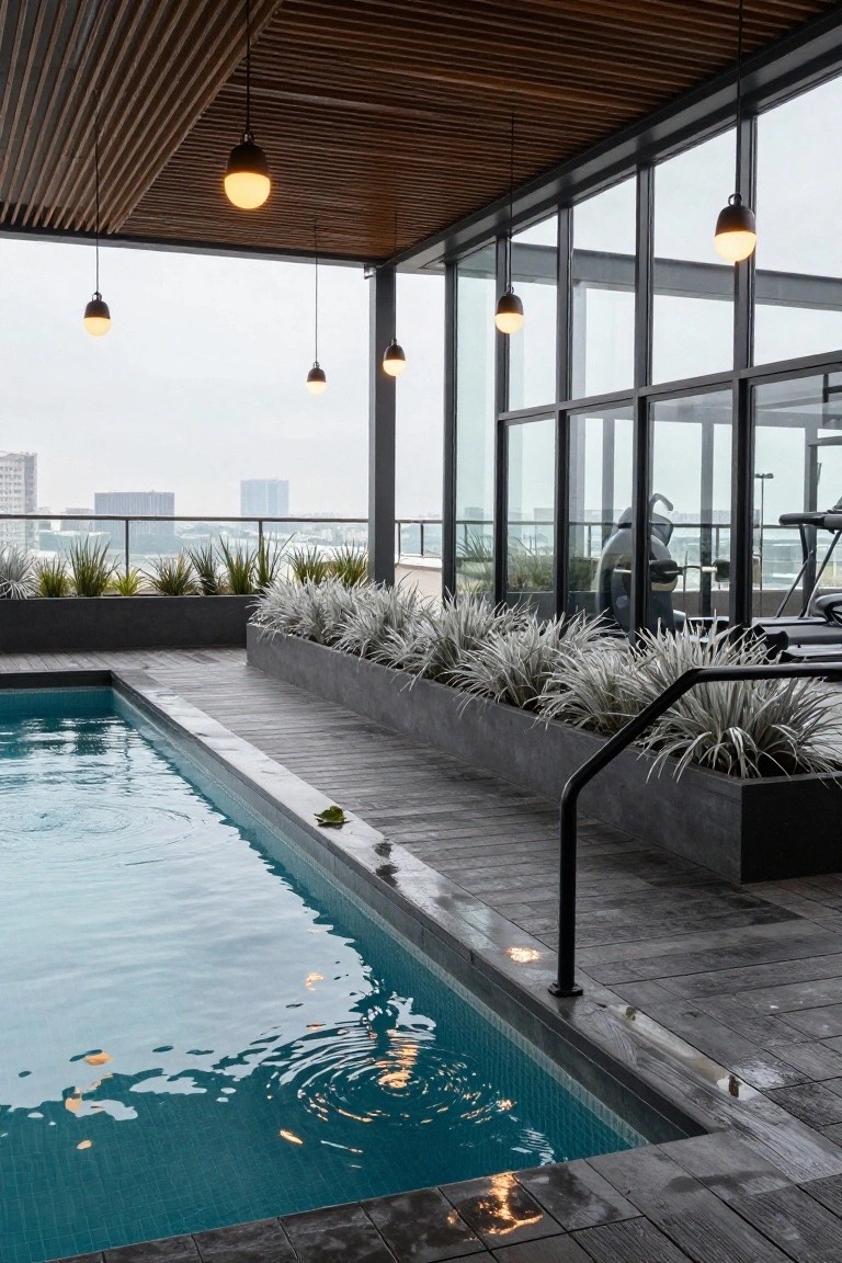 Rooftop terrace with rectangular swimming pool edged in dark wood decking and black planters of white grasses, hanging globe pendant lights from wooden slat ceiling, glass walls enclosing gym equipment, and distant city buildings visible.