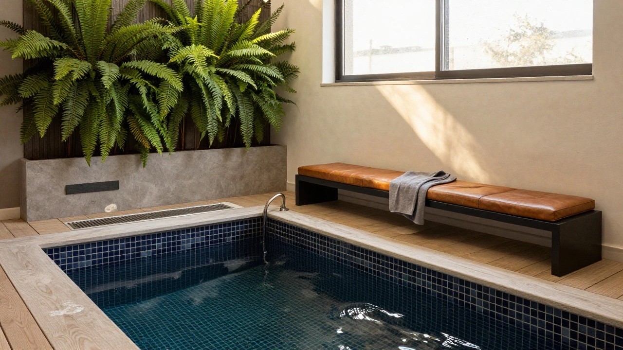 Narrow rectangular indoor pool with dark blue mosaic tiles and wooden deck surround, lush vertical fern garden wall on tiled stone backing, brown leather bench with gray blanket, black ladder, skylight above, and glass walls.