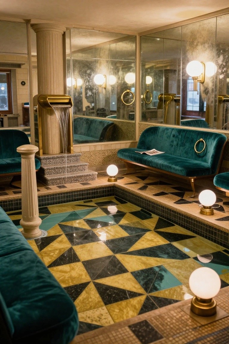 Indoor room featuring a small rectangular pool with black, yellow, and teal geometric tiled floor, surrounded by emerald green velvet curved sofas, beige marble columns, gold water fountain, mirrors on walls, and globe lamps.