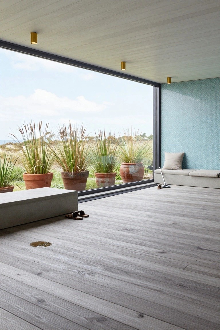 Minimalist indoor room with light gray-washed wood floors, large floor-to-ceiling window showing dune grasses and ocean view, several matching potted grasses in terracotta pots along the window, built-in bench with cushions, blue textured wall, recessed ceiling lights, flip-flops and mop on floor, small brown stain on floor.