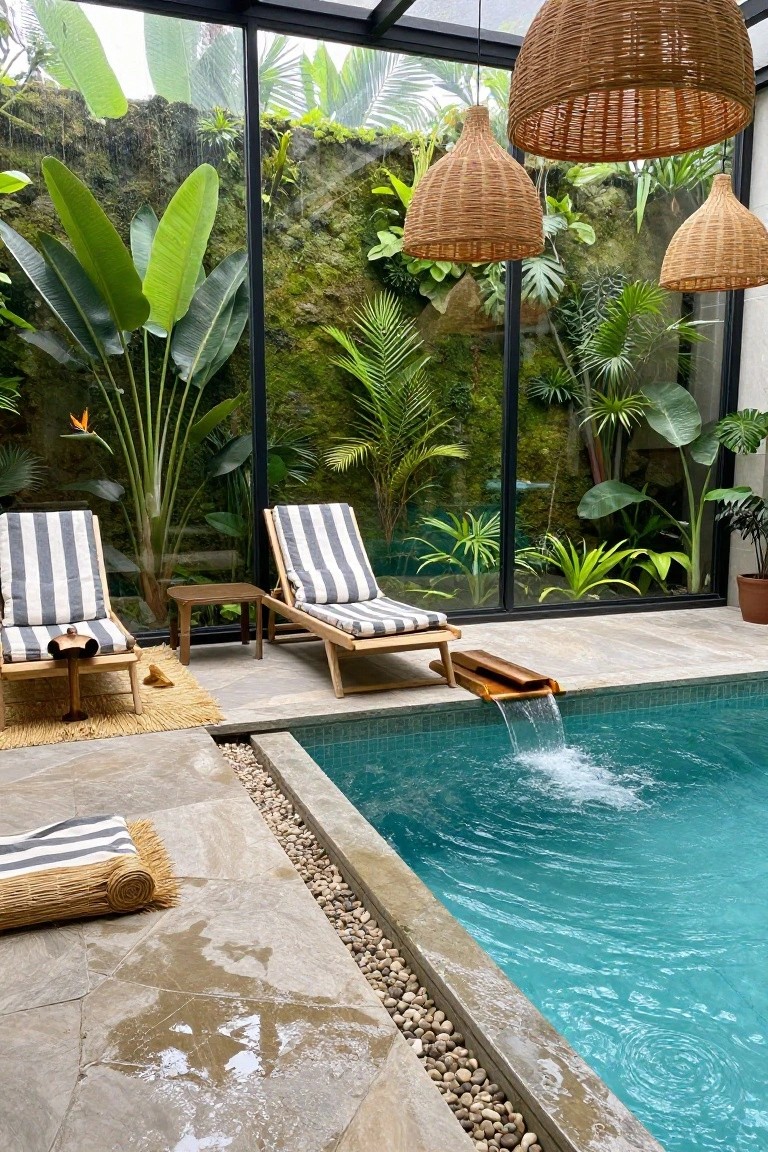 Glass-enclosed indoor pool with turquoise water and wooden waterfall spout, two striped lounge chairs on tiled deck with pebbles, lush tropical plants visible through glass walls, and hanging rattan pendant lights.
