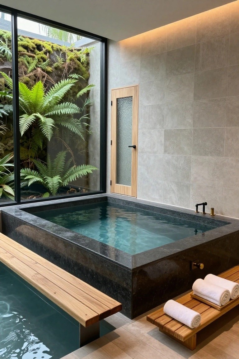 Indoor black stone soaking pool with turquoise water, wooden benches holding folded white towels, gray tiled walls, and a large window revealing a lush green fern and moss wall.