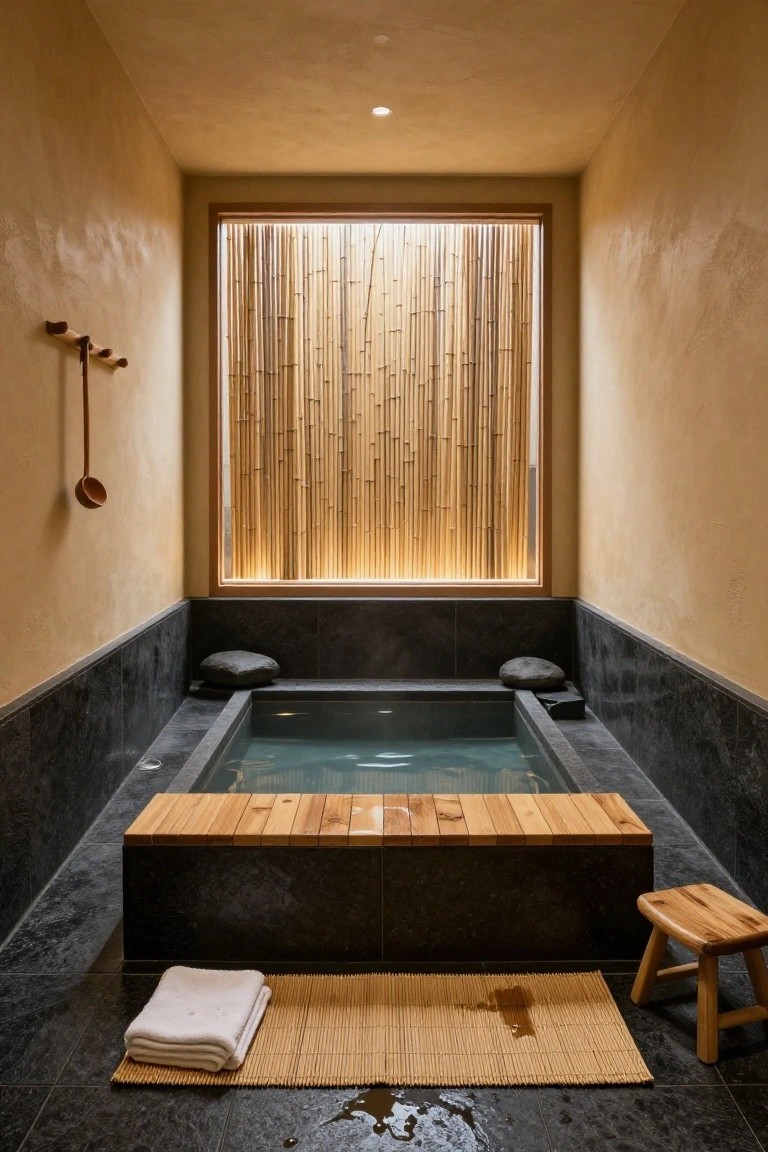 Indoor bathroom with rectangular black stone soaking tub, adjacent wood bench, small wooden stool, white towels on tatami mat, wooden ladle on wall hook, and large bamboo screen window, all on black stone floor.