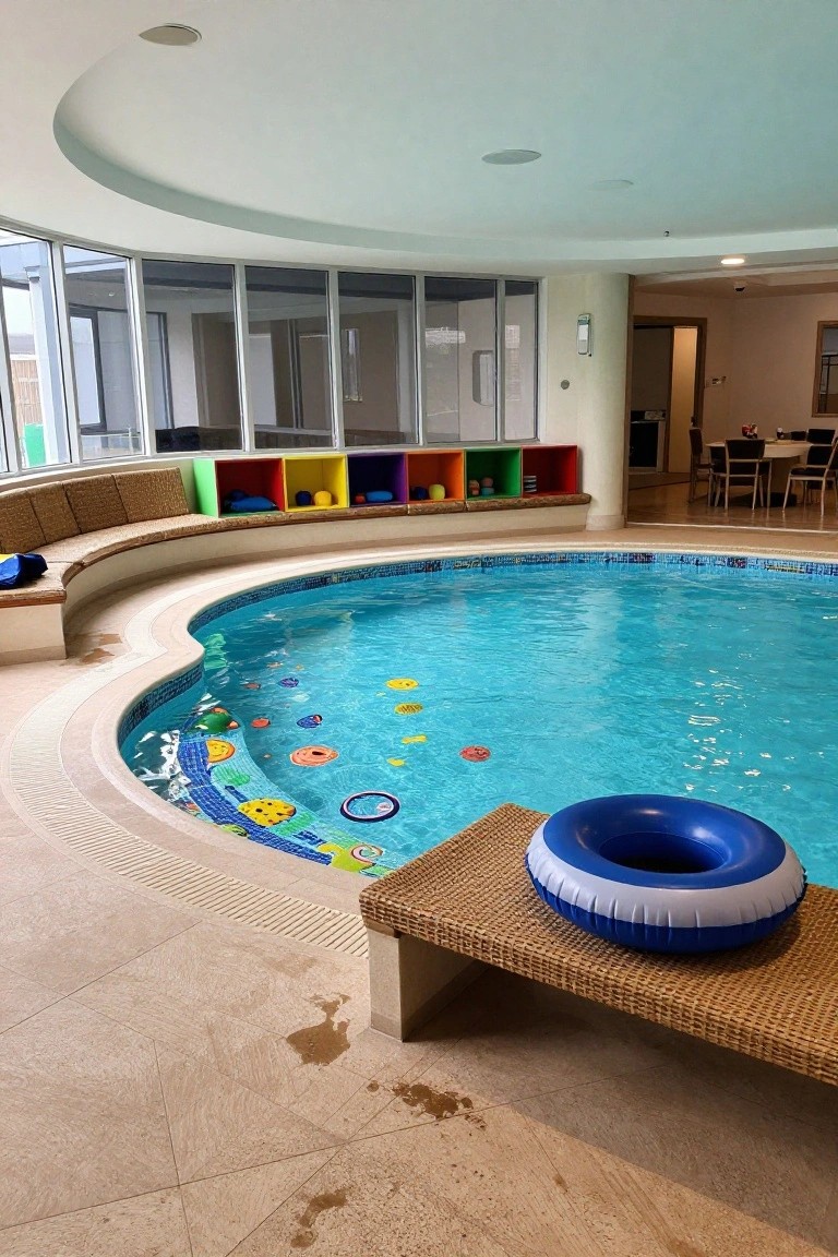 Curved indoor swimming pool with blue water, colorful mosaic tile designs including smiley faces on the pool floor and edges, floating toys, built-in curved benches with cushions, colorful shelves holding balls and floats, and a blue inflatable ring on a woven bench nearby.
