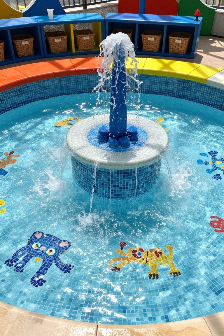 Circular shallow pool with blue mosaic tiles featuring colorful animal designs, a central blue fountain spouting water, and surrounding colorful benches in an outdoor play area.