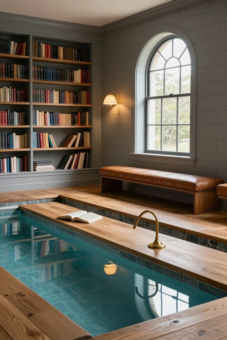 Indoor turquoise pool with wooden decking and platform surrounded by tall gray bookshelves filled with books, a leather bench nearby, brass faucet, open book on the edge, and arched window with trees outside.
