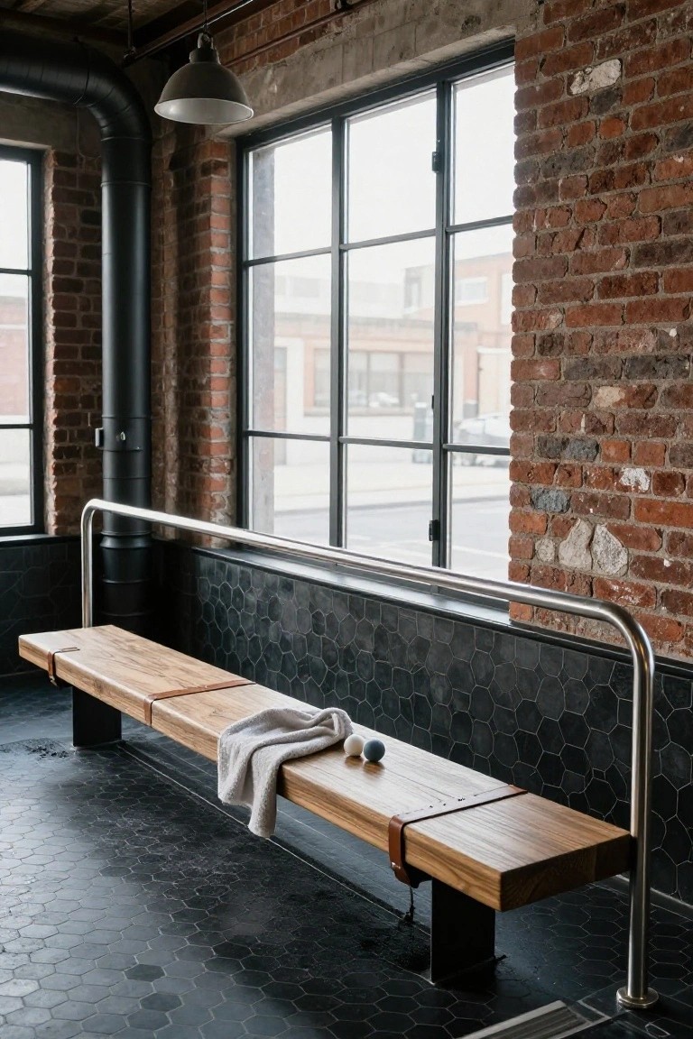 Indoor poolside changing nook with a long wooden bench featuring leather straps on black hexagonal tiled floor and walls, a folded gray towel and two white balls on the bench, metal handrail, large windows, and industrial brick and pipe details.
