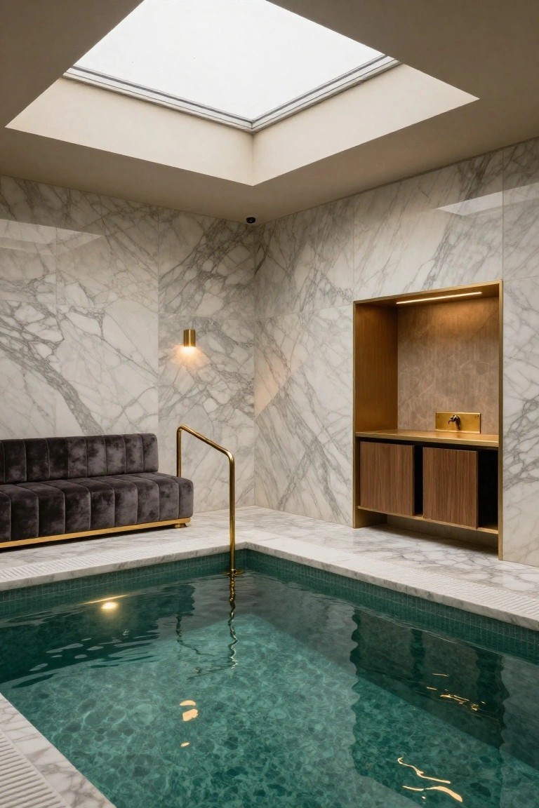 Compact indoor plunge pool with emerald green tiles, surrounded by white marble walls and floor, brass handrail, dark velvet sofa, and wooden cabinet with brass faucet under a skylight.