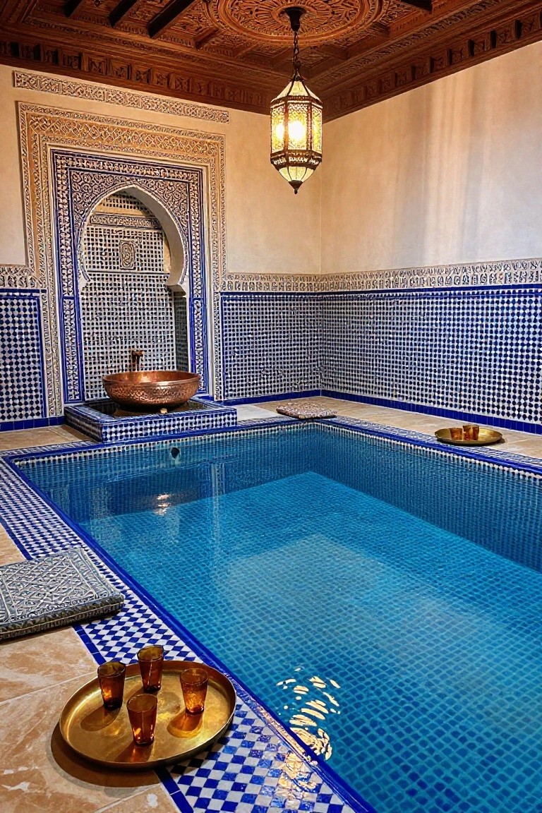 Indoor swimming pool tiled in blue and white zellige patterns with arched Moroccan-style walls, copper basin fountain, hanging lanterns, and trays of glasses on the poolside floor.