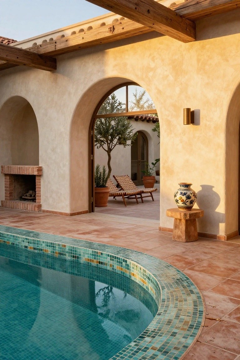 Curved turquoise mosaic pool adjacent to terracotta patio under beige stucco arches with wooden beams, brick fireplace, rattan loungers, potted plants, olive tree, and blue-and-white vase on wood stool.