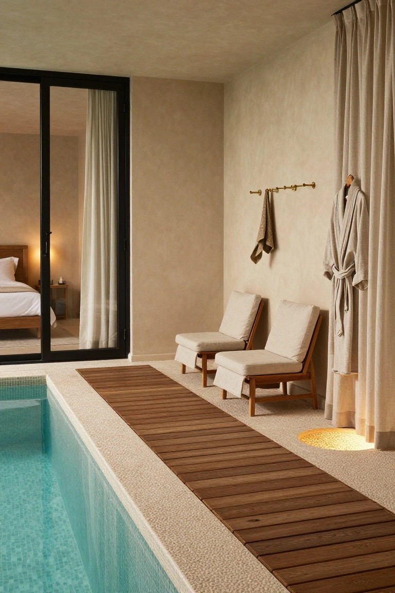 Indoor turquoise-tiled pool with adjacent wooden deck path, two beige cushioned lounging chairs, hanging towels and robe on a wall near beige curtains and black-framed glass doors revealing a bedroom with bed and lamp.