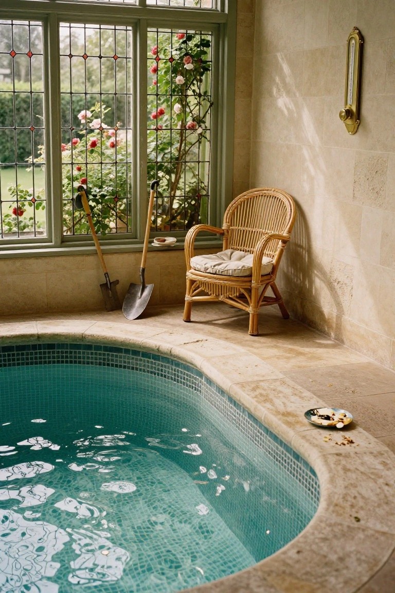 Curved turquoise mosaic-tiled indoor pool in a beige stone-walled room with large leaded-glass windows showing garden and roses outside, tan wicker armchair with white cushion nearby, two wooden-handled spades leaning on floor, gold thermometer on wall, and small plate with pastries on pool edge.