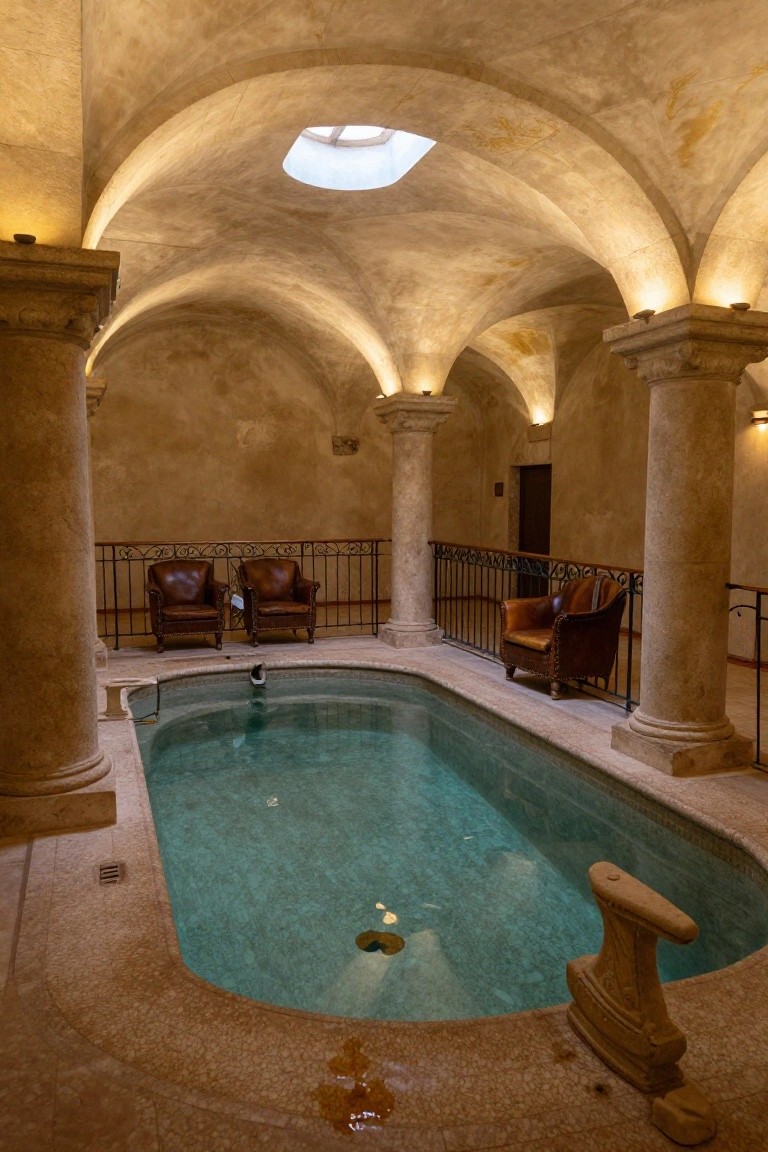 Indoor turquoise pool in a vaulted beige stone room with arched ceilings, stone columns, wrought iron balcony railing, and brown leather armchairs.